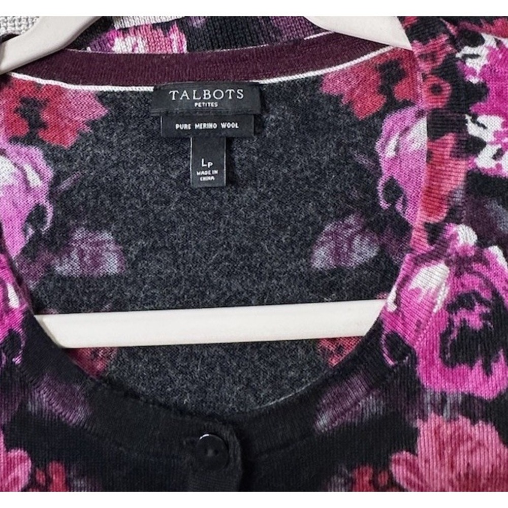 Talbots Merino Wool Charming Cardigan Black Pink Floral NWOT Sz LP Garden Party - Picture 6 of 8